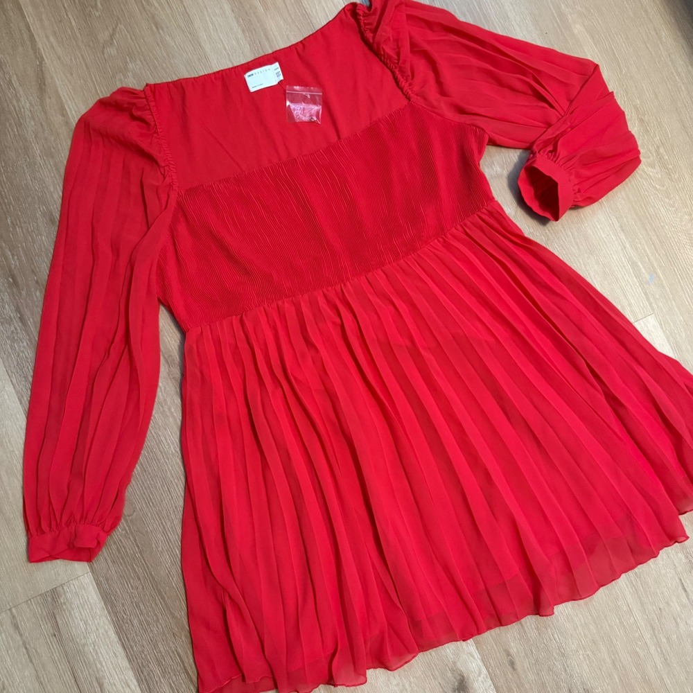 ASOS DESIGN Curve Red Pleated Mini Dress Square Neck Long Sleeve Plus Size 18